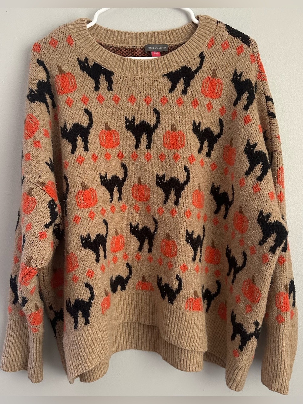 XXL Women's Halloween Black Cat Pumpkin Crewneck Sweater fall Vince camuto